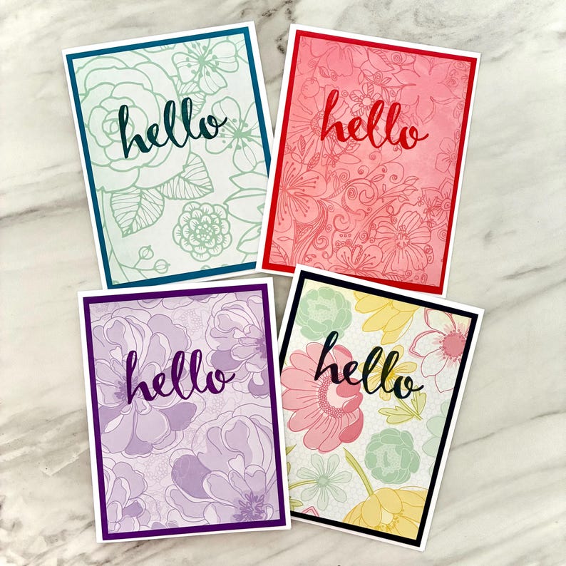 Hello Greeting Cards With Floral Patterns. Set of 4 or 8. Blank Inside ...