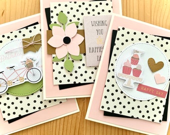Handmade Birthday Cards, Set of 3 Pink and Black, Feminine Birthday Greeting Cards