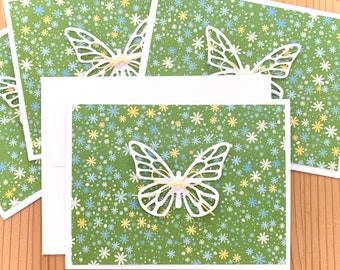 Green Butterfly Cards, Set of 4.  Handmade Cards, Blank Inside for Any Occasion