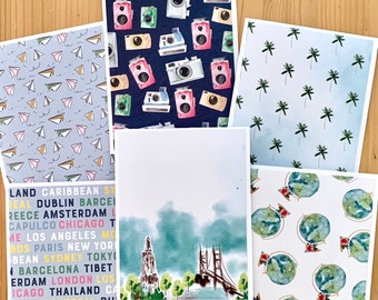 Travel Note Cards. Set of 6 Assorted Designs. Vacation Cards