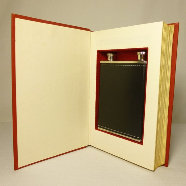 Hollow Flask Book Safe Stash Box Magnetic Secret Compartment Book Box -The Outline Of History- Red Felt Lined, W/ 10 Oz Flask