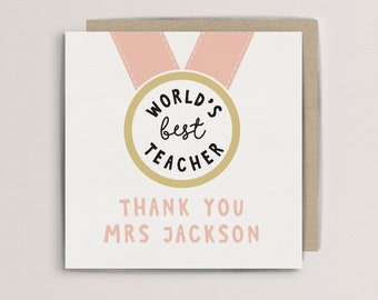 Personalized Teacher Thank You Card: World's Best Teacher Medal