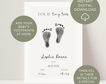 Baby Footprint Art, Personalized Nursery Decor, New Baby Gift (Digital Download)