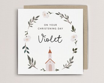 Personalised christening day name card, floral wreath new baby gift, new baby card, personalised card, christening card