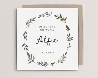 Nouvelle carte de visite personnalisée de bienvenue dans le monde, cadeau de naissance de couronne de feuilles, carte de naissance de naissance, carte personnalisée, carte de félicitations