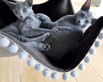 SECRET MOON Saveplace® dark grey hammock for pets & storage, with various colors pom poms + Free gift Cat toy