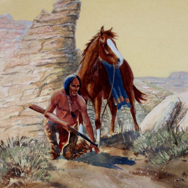 Western Art: Ron Stewart, Western Artist, Water Color Painting, “Warm Trail”, Ca 1980, #727