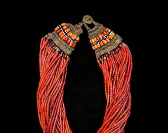 Authentic Konyak Naga Heavy Red Multi-strand Glass Bead Necklace, with Macrame Closure #1761