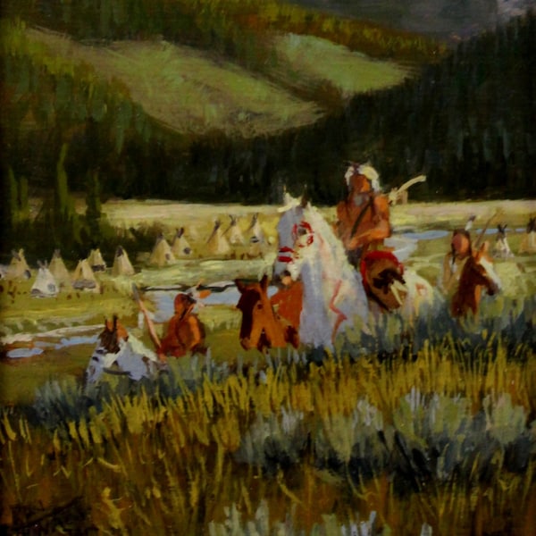 Western Artist: Ron Stewart, “Across the River”, Oil Painting, Signed Lower Left Hand Corner, # 750