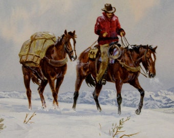 Western Artist: Ron Stewart, Water Color Painting, "Packing Memories", CA 1977, #724