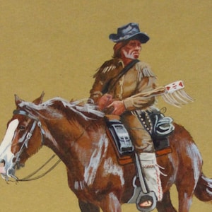 Western Artist, Ron Stewart, Aquarel schilderij, "Scoutin", Kerstkaart voor goede vrienden, CA 1980, #732