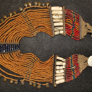 Necklace : Authentic Vintage Konyak Large Mustard Bead Very Old Small Collar Necklace with Bells and Shell Sections #554