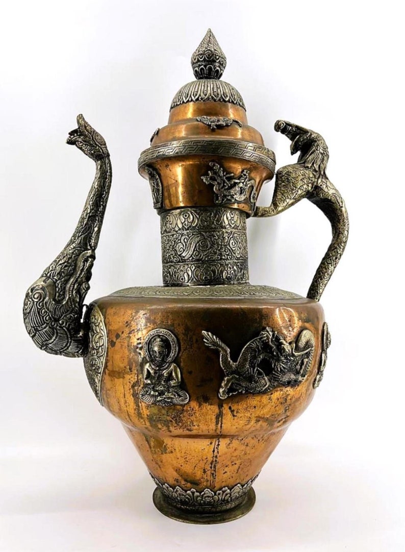 Very Large Vintage Copper/Brass Tibetan Tea Pot, Ca 1960's, 1745. imagen 1