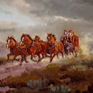 May include: A painting of a stagecoach pulled by six brown horses, traveling through a desert landscape under a cloudy sky.
