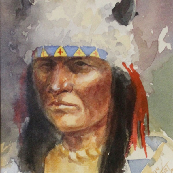 Western Art:  Ron Stewart, Western Artist, Water Color Painting, “Three Indians and a Mountain Man”, Ca 1980, #731