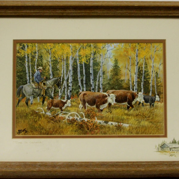 Western Artist, Ron Stewart, Water Color Painting, Entitled "Time to Gather" #773