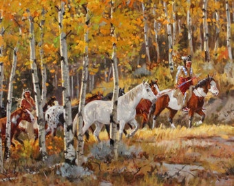 Fine Art : Ron Stewart Oil Painting, Original Ron Stewart Oil, "Black Feet Ponies" Signed Ron Stewart, Ron Stewart Western Art #167