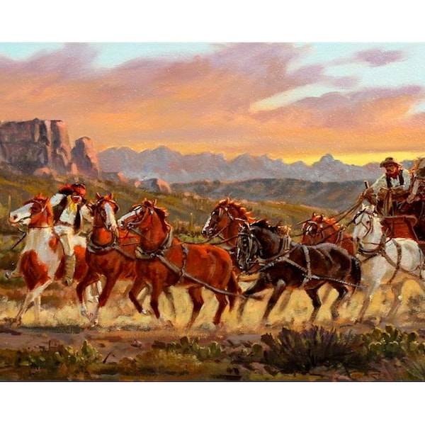 Ron Stewart Oil Painting, Original Ron Stewart Oil, "Stagecoach" Signed Ron Stewart, Ron Stewart Western Art, Ron Stewart art #100