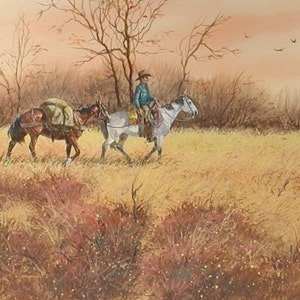 May include: A painting of a cowboy riding a white horse, leading a brown horse with a saddlebag, through a field of tall grass. The sky is a soft orange and yellow, with a few birds flying in the distance.