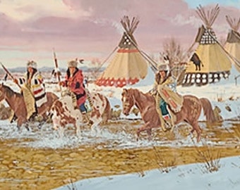 Indian Painting : Ron Stewart, "Blackfoot Village", Signed,  Opaque Water Color Painting,  Original, Western Painting, Ca 1984, #384