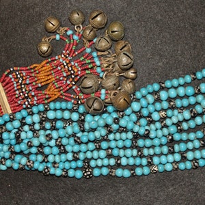 Nagaland : Authentic Konyak Naga Chief’s Blue Padre Bead Necklace with Shells and Bells #604
