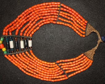 Glass Bead Necklace : Authentic Vintage Konyak Orange Tile Glass Bead Collar Necklace #552