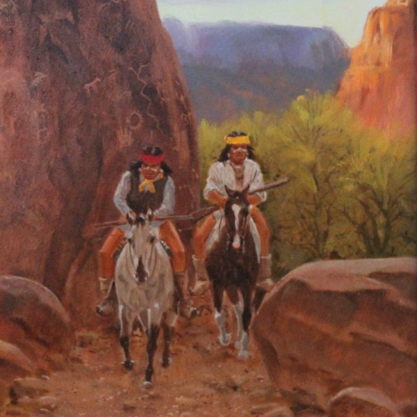 Western Painting : Ron Stewart Oil Painting, Ron Stewart Oil, "Path of the Ancient Ones" Signed Ron Stewart, Ron Stewart Art, # 701.