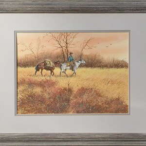 May include: A watercolor painting depicting two horses and a rider in a field. The horses are brown and white, and the rider is wearing a blue shirt and a cowboy hat. The field is covered in tall grass and wildflowers. The sky is a soft orange and pink.