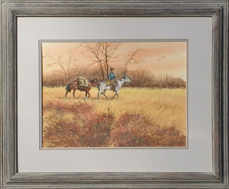 May include: A watercolor painting depicting two horses and a rider in a field. The horses are brown and white, and the rider is wearing a blue shirt and a cowboy hat. The field is covered in tall grass and wildflowers. The sky is a soft orange and pink.