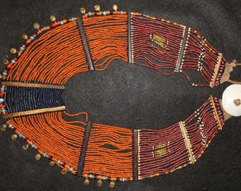 Vintage Jewelry : Authentic Vintage Konyak Dark Orange Large Collar Necklace with Brass Bells and Spiral Elements #556