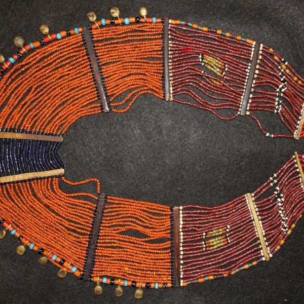 Vintage Jewelry : Authentic Vintage Konyak Dark Orange Large Collar Necklace with Brass Bells and Spiral Elements #556