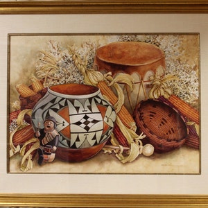 May include: A watercolour painting of a still life featuring a Native American pottery bowl with geometric designs, a woven basket, a drum, and corn husks. A small figurine of a Native American person is holding a drumstick.