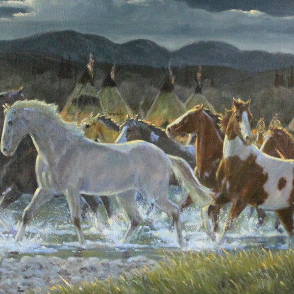 Wild Horses : Original Ron Stewart Oil, "Ponies for Warriors" Signed Ron Stewart, Ron Stewart Western Art, Ron Stewart Art #162