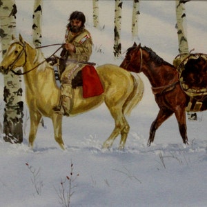 May include: A watercolor painting of a Native American man riding a light brown horse through a snowy forest. The man is wearing a brown and white fringed jacket and a red sash. He is holding a rope in his left hand. The horse is wearing a saddle and bridle. There is a second horse in the background, which is brown and is carrying a pack.