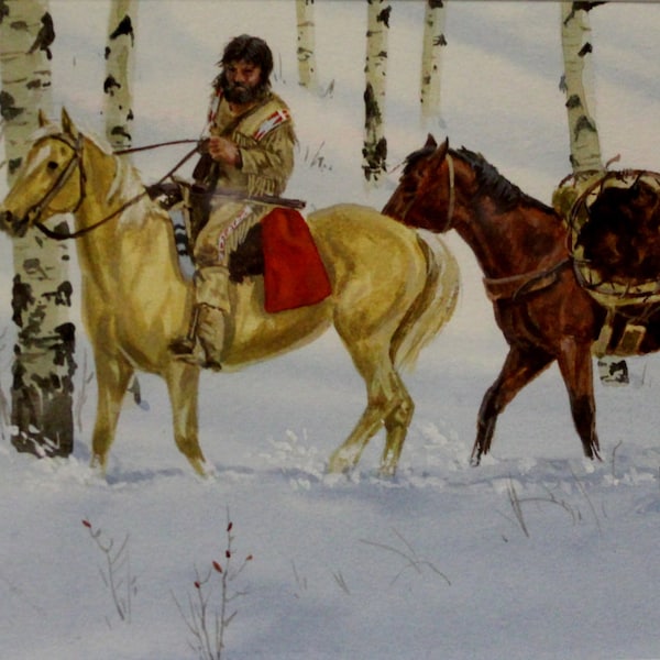 Western Watercolor : Ron Stewart Listed Western Artist, Ron Stewart "Trapper and Pack Horse", Water Color, Signed  #684