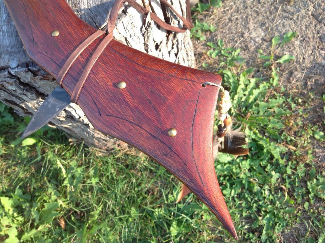 Gunstock War Club with Spike and Sling beaded brass tacks Etsy