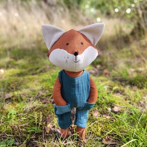 Fox Sewing Pattern Plush Linen Cotton DIY Gift For Baby Toddler Kid Woodland Animal PDF Sewing Pattern Cloth Doll With Overall Sewing