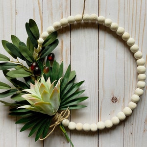 Modern Olive and Palm Easter Mini Hoop Wreath, Mediterranean or Tropical Wood Beaded Hoop Wreath, Spring Succulent Hoop Wreath
