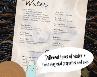 May include: A printable chart with a list of different types of water and their magical properties and uses. The chart is illustrated with a cartoon snail. The text includes: Moon Water, Sun Water, Dew Water, Snow/Ice, Ocean Water, River Water, Lake Water, Swamp Water, and Storm Water.