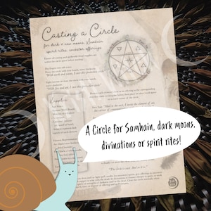 Op de afbeelding: Een printbare gids voor het creëren van een cirkel voor Samhain, donkere manen, divinaties of geestenrituelen. De gids bevat een diagram van een pentagram met de elementen aarde, lucht, vuur en water. Het bevat ook een lijst met benodigdheden voor het ritueel, zoals zout water, wierook, lucifers en een aansteker.