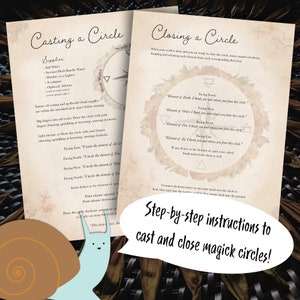May include: A printable guide with instructions on how to cast and close a magic circle. The guide features a compass with directions and elements of nature, including earth, air, fire, and water. The text includes phrases like "I invite the element of air" and "I thank you and release you from this circle."