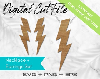 Laser Cut Jewelry Set, Glowforge Necklace File, Leather Necklace svg, Wood Necklace Earrings, Modern Geometric Necklace svg, Lightning Bolts