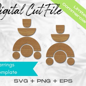 May include: Digital cut file template for earrings. The design features a geometric shape with a wood grain texture. The template includes SVG, PNG, and EPS files. Limited commercial use.
