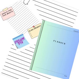May include: A blue and green planner with the word "PLANNER" in white text on the front cover. The planner has a spiral binding and the text "JANUARY 2024" is printed on the bottom right corner.
