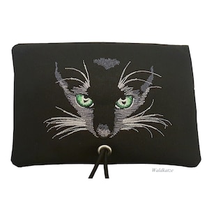Tabaktasche Tabakbeutel Drehertasche *Black Cat* mit 3 Fächer oder Blättchenspender bestickt Katze