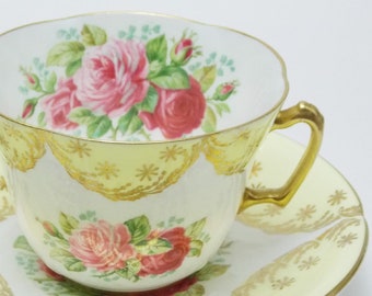 Foley tea cup, yellow teacup, English bone china, pink rose china, mother's day china, fluted cup, 20th anniversary gift, yellow and gold