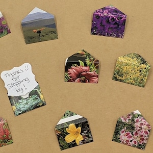 Livre de jardinage recyclé dans de minuscules petites enveloppes avec des notes de papier vierges, des fleurs, des plantes, des fleurs, des notes d'amour surprises