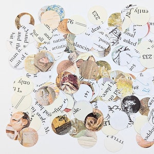 May include: A collection of circular paper cutouts featuring illustrations and text from a vintage book. The circles vary in size and display images of rabbits, people, and text fragments. The color palette includes beige, brown, and white.