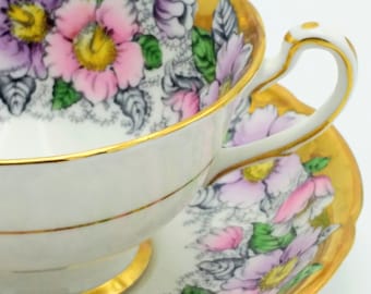 Royal Grafton tea cup and saucer, flower teacup saucer, gold and floral, vintage china, gift for her, birthday present, cabinet collection