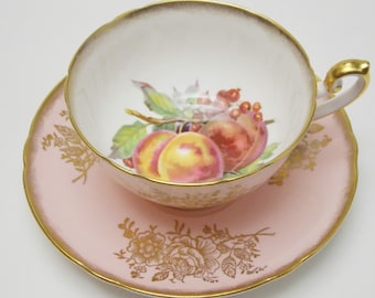 Shelley Pink Gold Rose Fruit Tea Cup and Saucer Vintage Fine Bone China Made in England